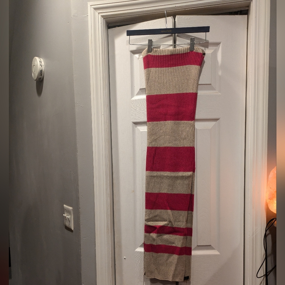 NWT Lands End 75" Scarf Berry & Tan Ribbed Stripe Unisex Cotton Blend